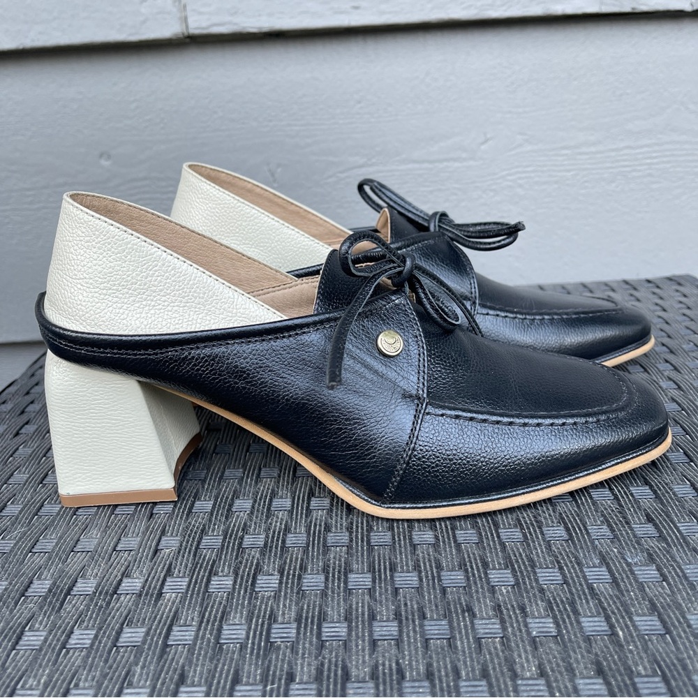 Stivali New York Focus Black White Leather Heeled Loafers Size 38 (US 7.5–8)